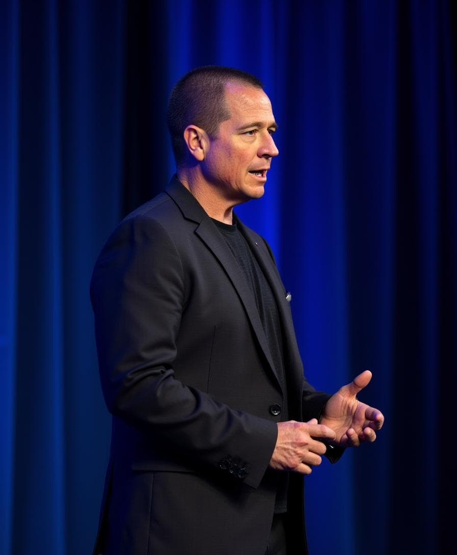 Aaron Cuha speaking on stage to a large audience