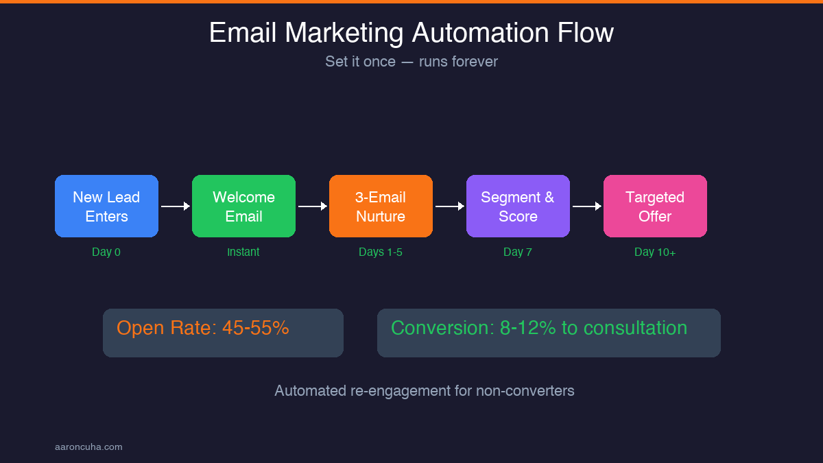 Email marketing automation flow from new lead to targeted offer