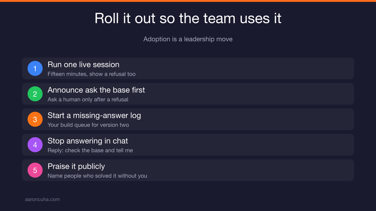 Team rollout plan for an AI second brain with ask-the-base-first rule