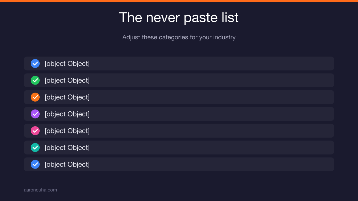 AI data security rules showing a never paste list of client information