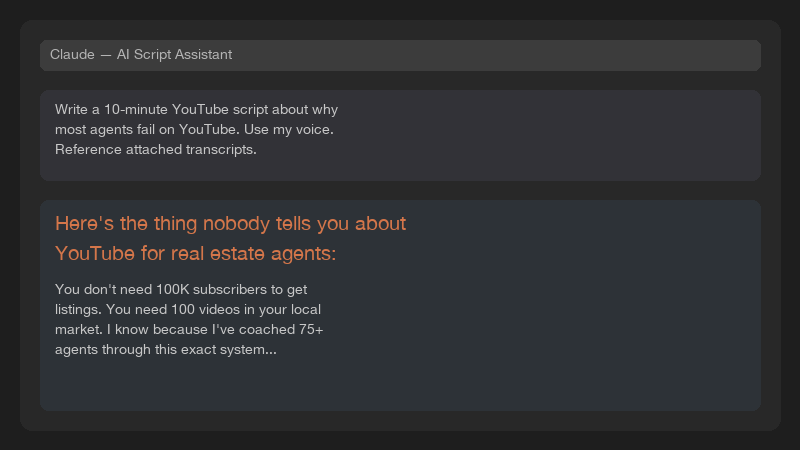 Screenshot placeholder showing Claude AI interface with a YouTube script being generated using the Leverage Layer prompt structure