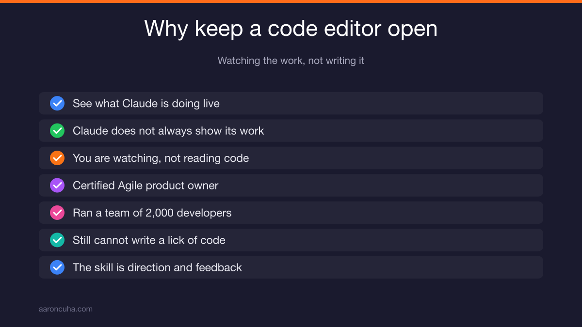 Code editor open next to Claude showing the build process for a non-technical user