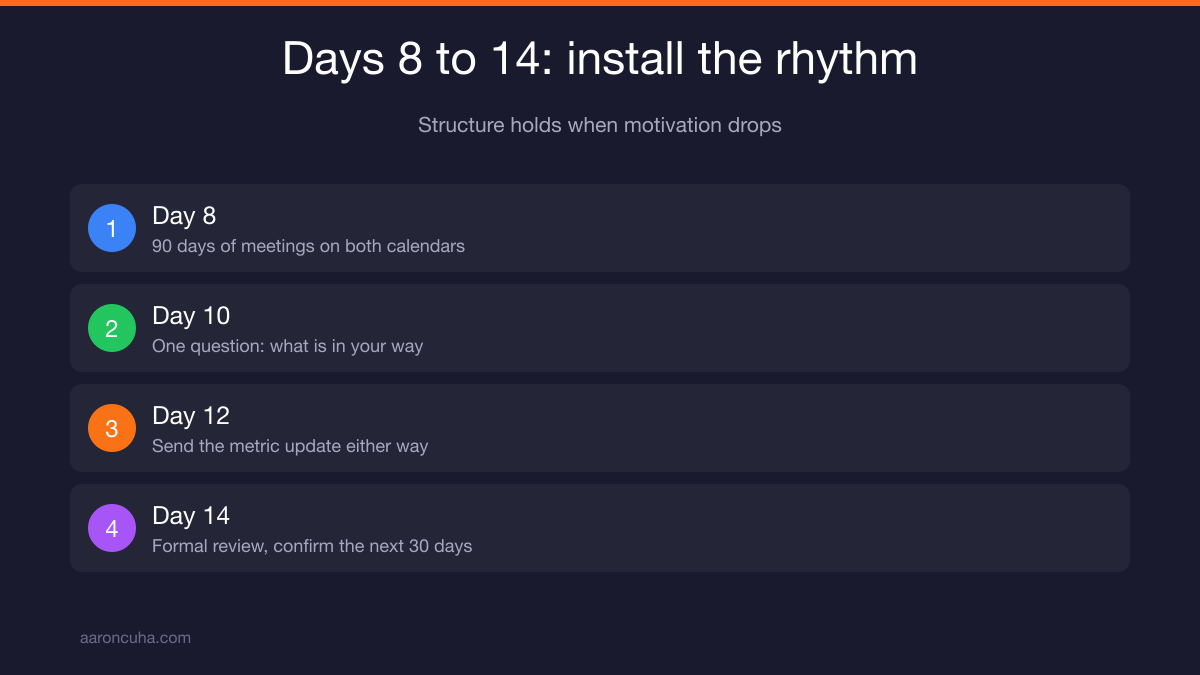 Weekly client rhythm with day 10 check-in and day 14 onboarding review