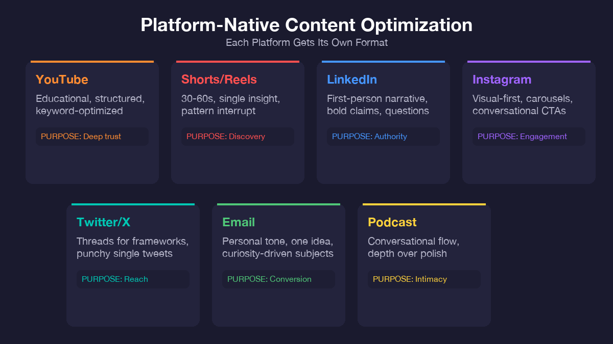 Platform-native content optimization guide showing format and purpose for seven social platforms