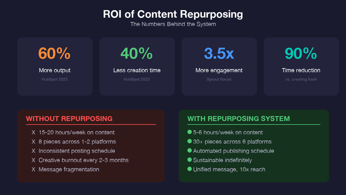 ROI of content repurposing showing 60 percent more output and 40 percent less creation time