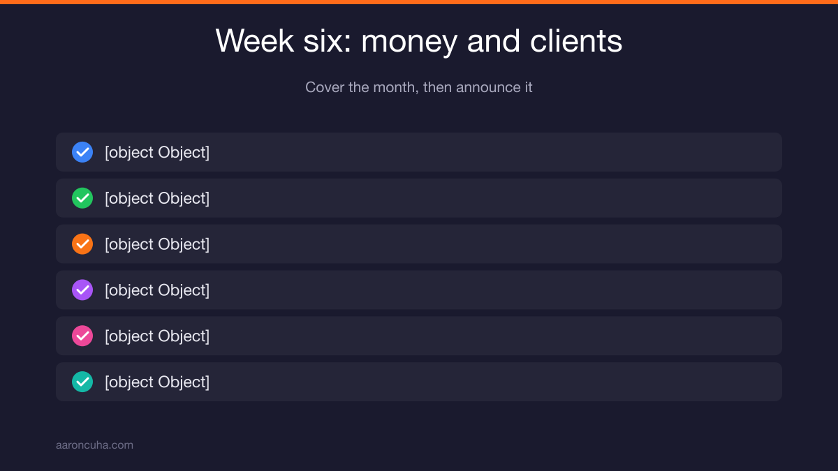 Preparing cash buffer, marketing schedule, and client communication before an owner leaves for 30 days