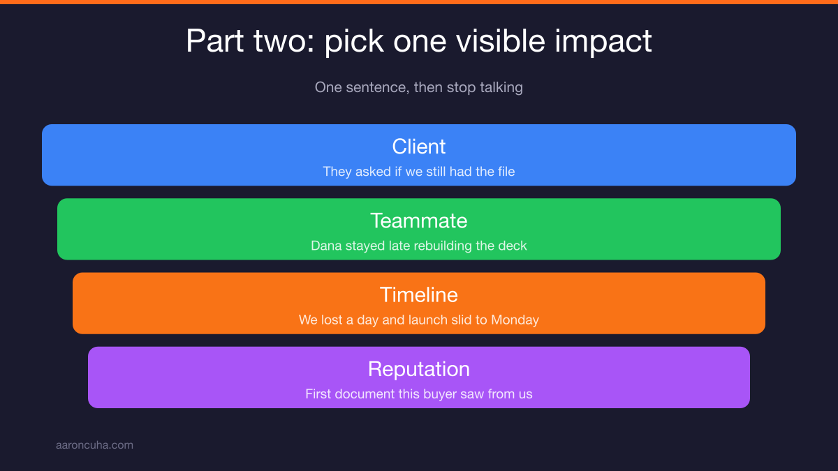 Connecting employee behavior to business impact on clients, teammates, timelines, and reputation