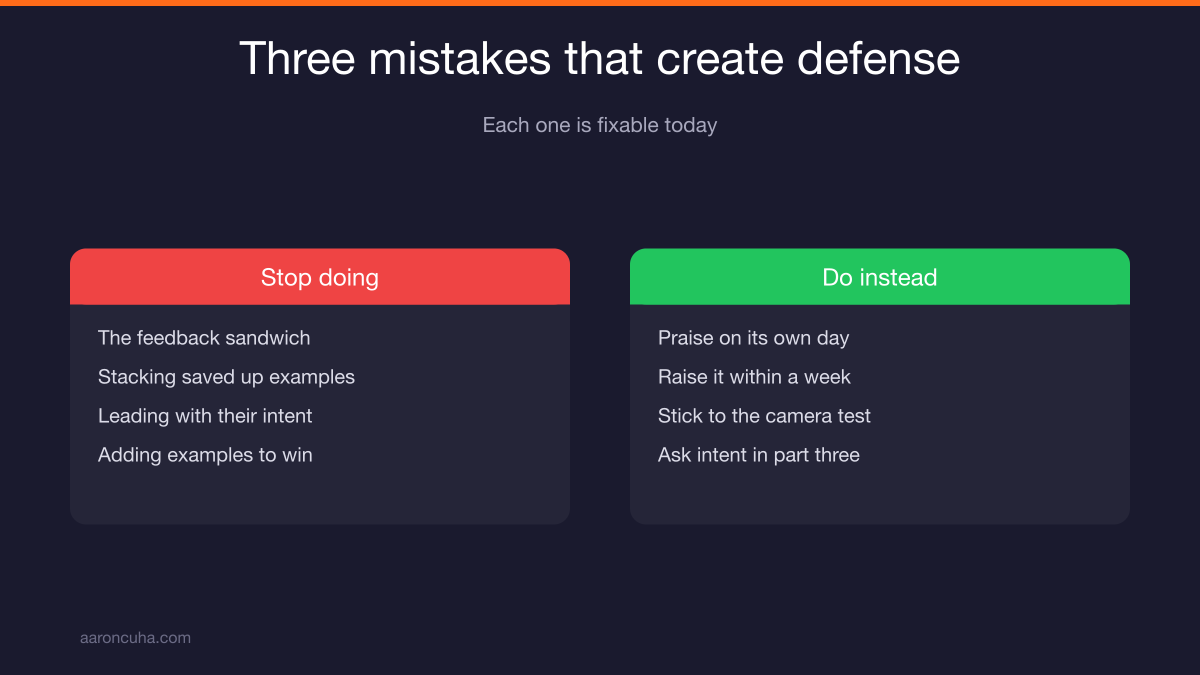 Three feedback mistakes that make employees defensive and what to do instead
