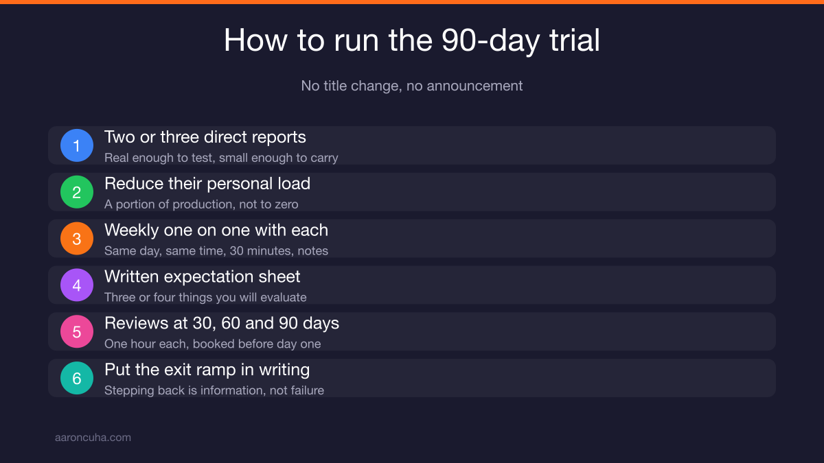 90 day leadership trial calendar with weekly one on ones and 30 60 90 day reviews
