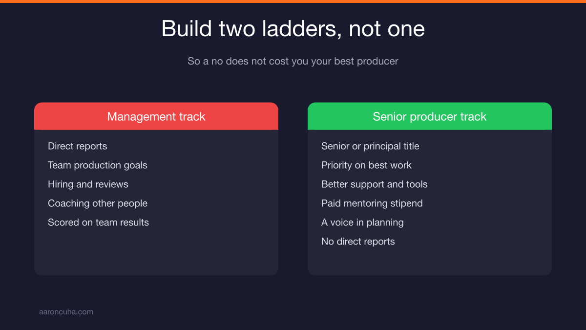 Dual career ladder showing management track and senior producer track side by side