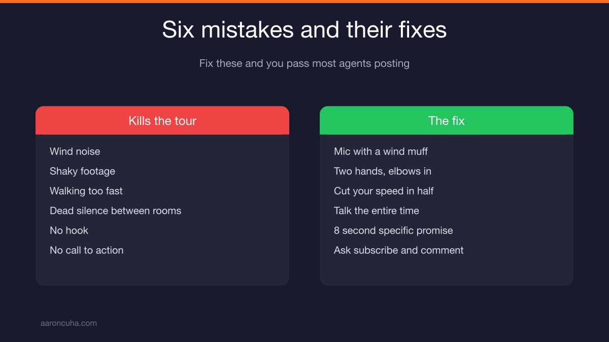 Common property tour video mistakes including shaky footage and wind noise