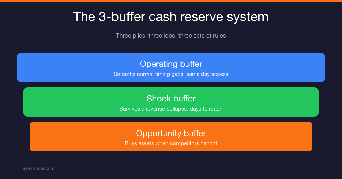 Small business cash reserve system showing three funded buffers for operating, shock, and opportunity