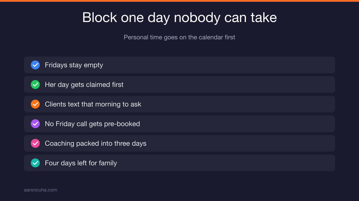 Calendar showing one protected day per week blocked off for family time