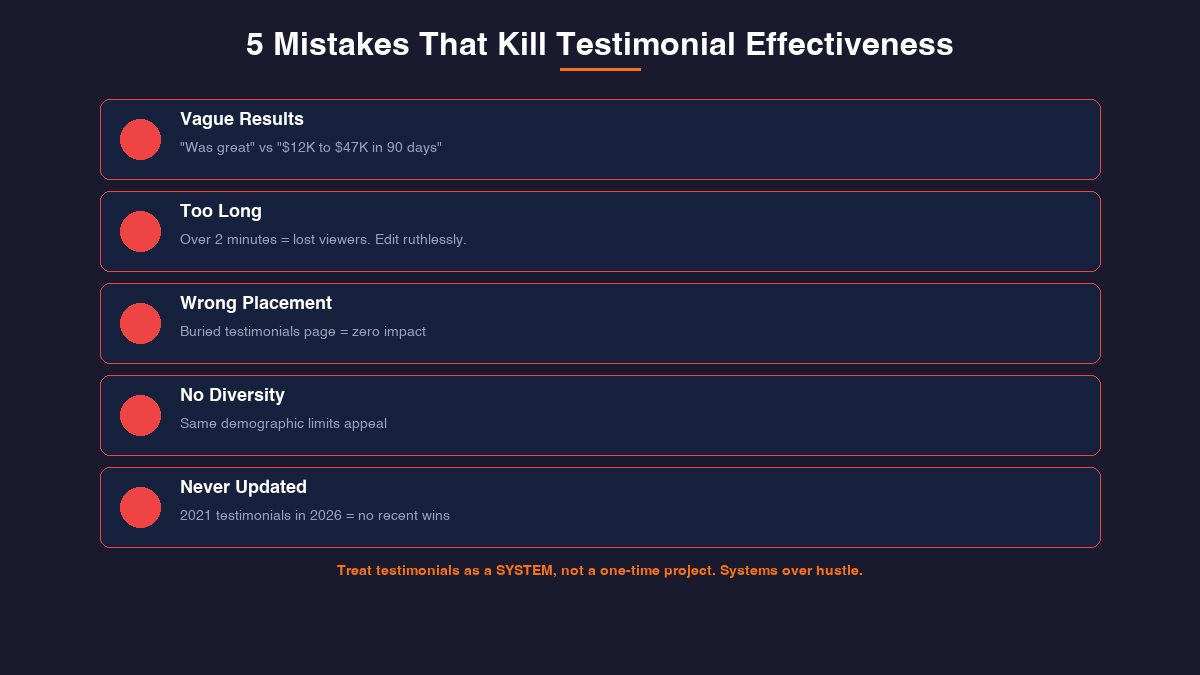 Five mistakes that kill testimonial effectiveness including vague results and wrong placement