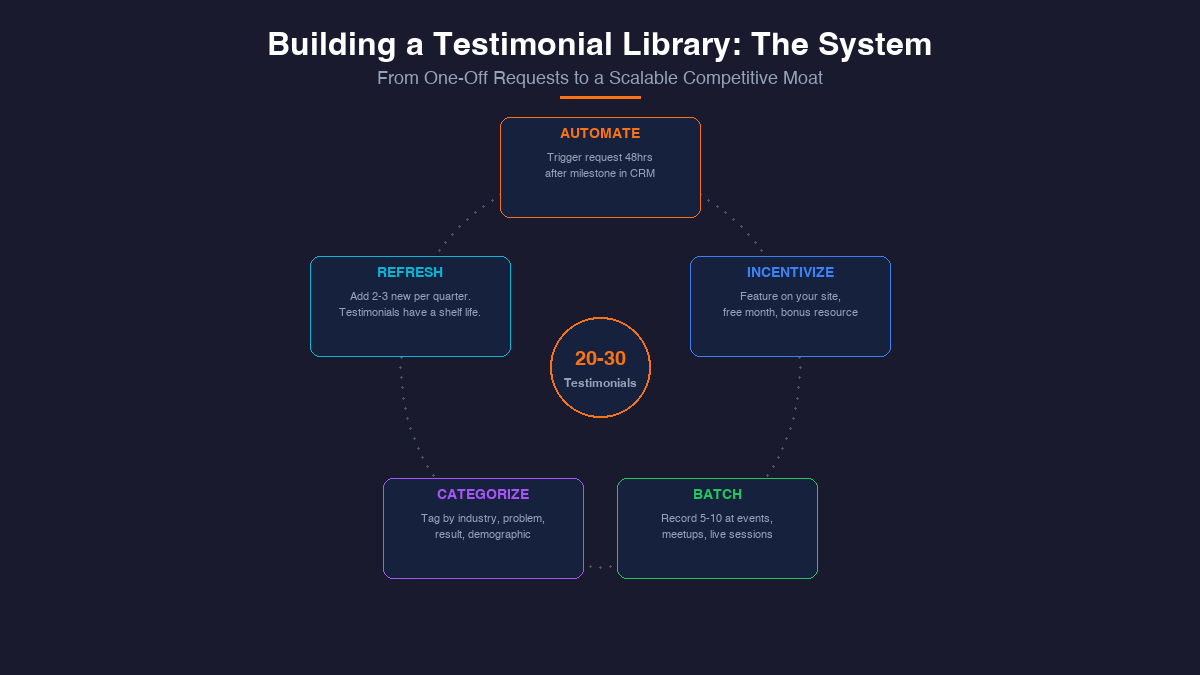 Testimonial library building system with five steps from automate to refresh in circular flow