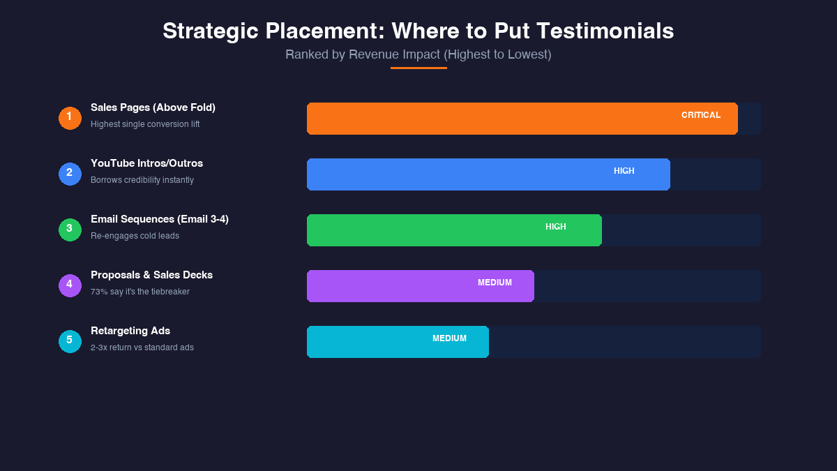 Strategic placement hierarchy for video testimonials ranked by revenue impact across five channels
