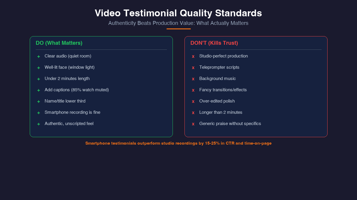 Video testimonial quality standards comparison showing what matters versus what kills trust