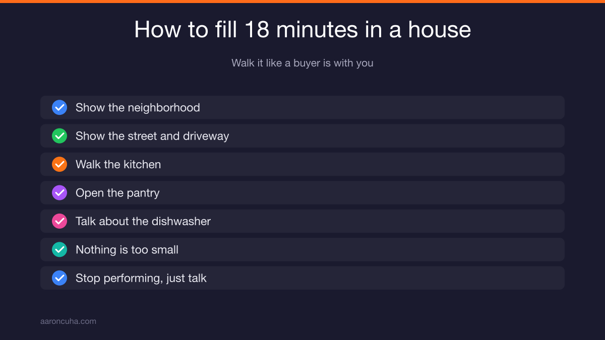 Room by room walkthrough outline for filming an 18 minute real estate property tour